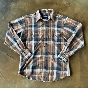 VTG 90s Wrangler Tan brown Plaid Pearl Button Down Western Shirt